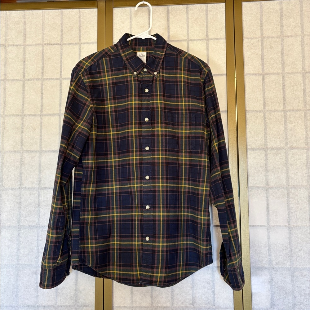 J. Crew Men's Navy and Yellow Plaid Flannel Shirt, M